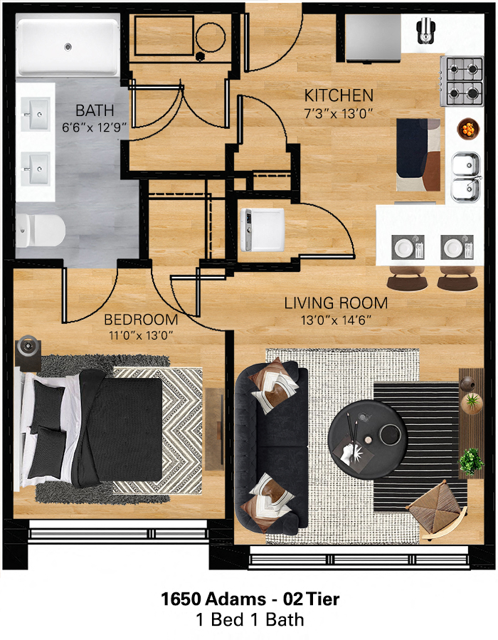 Floor plan for 1 bed, 1 bath, 660 sqft